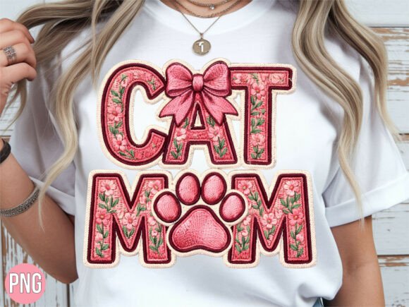 Cat Mom Floral Paw Print Embroidery PNG