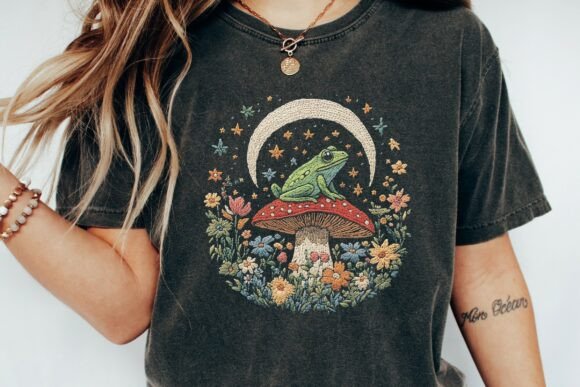 Frog Moon Mushroom Embroidery Art Png