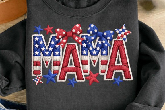 Mama 4th of July Mom Faux Embroidery Bow